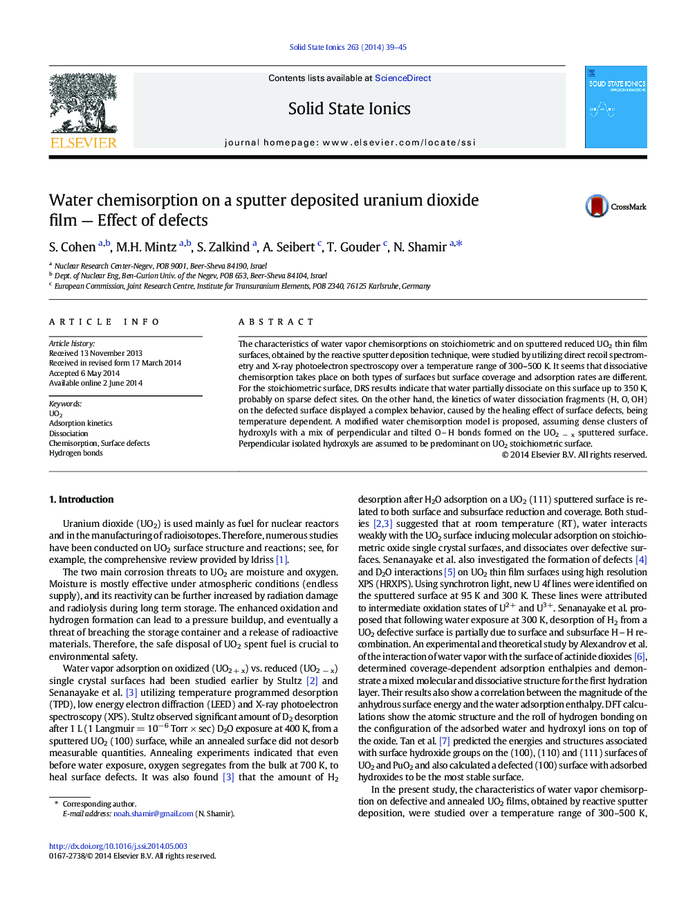 Water chemisorption on a sputter deposited uranium dioxide film — Effect of defects