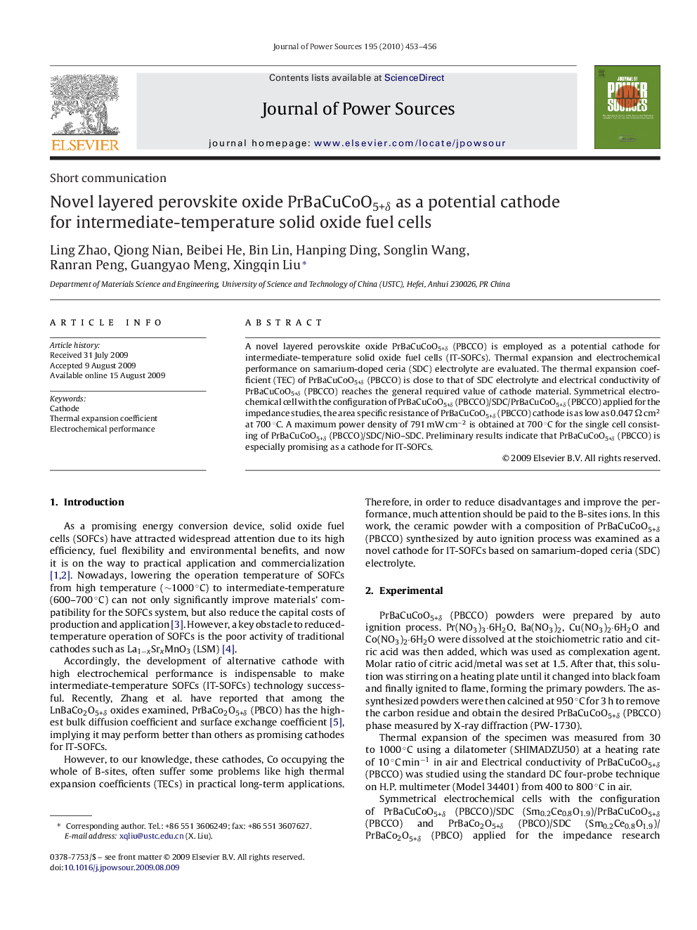 Novel layered perovskite oxide PrBaCuCoO5+δ as a potential cathode for intermediate-temperature solid oxide fuel cells