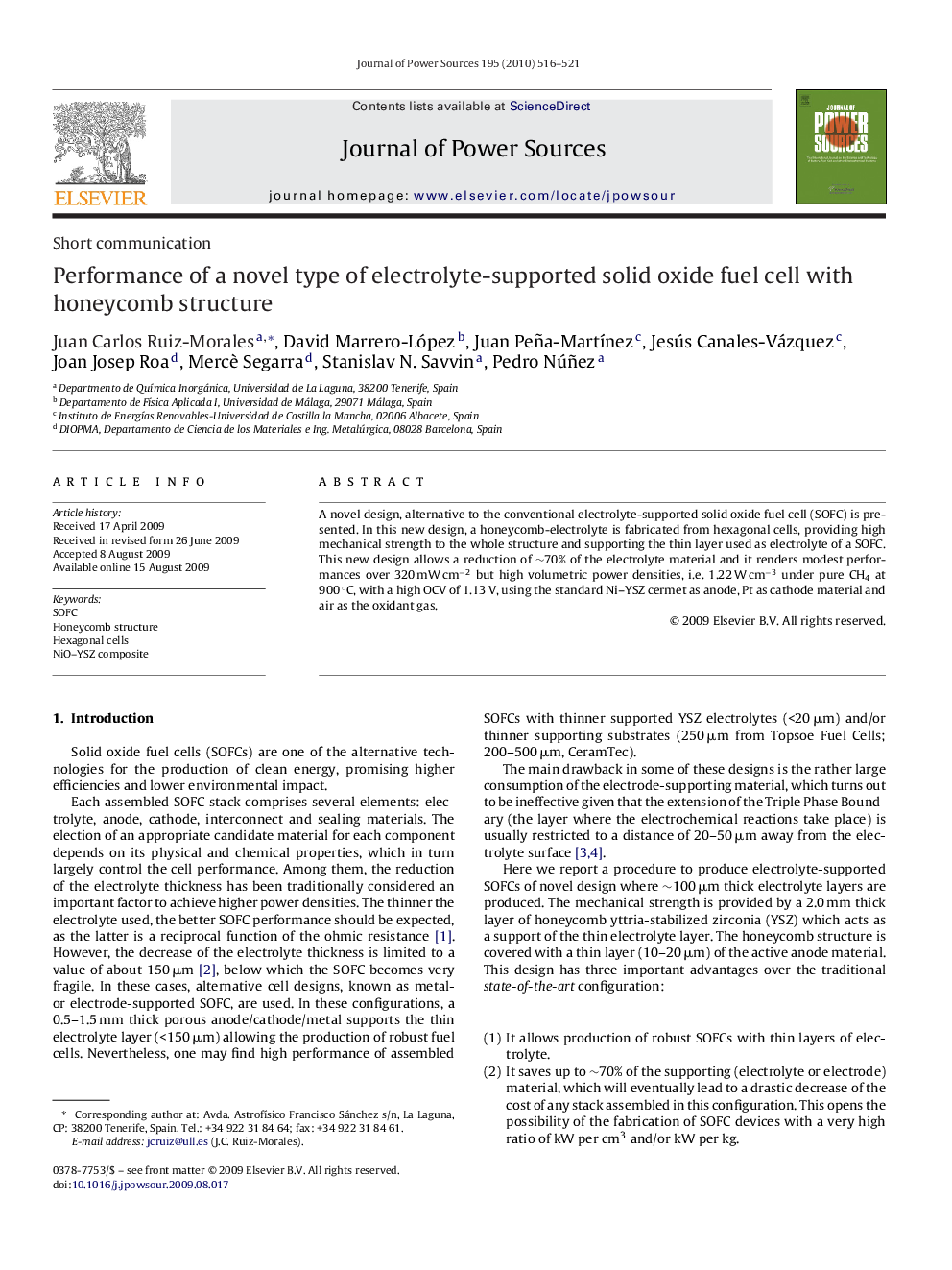 Performance of a novel type of electrolyte-supported solid oxide fuel cell with honeycomb structure