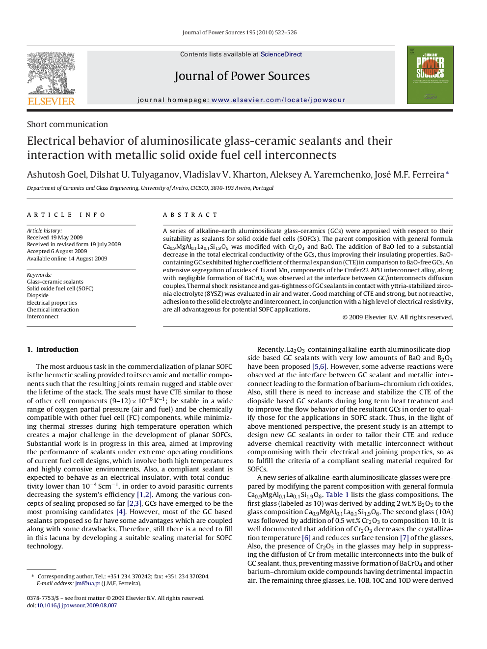 Electrical behavior of aluminosilicate glass-ceramic sealants and their interaction with metallic solid oxide fuel cell interconnects