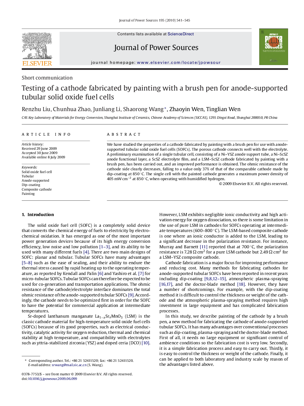 عکس صفحه اول مقاله: Testing of a cathode fabricated by painting with a brush pen for anode-supported tubular solid oxide fuel cells Testing of a cathode fabricated by painting with a brush pen for anode-supported tubular solid oxide fuel cells