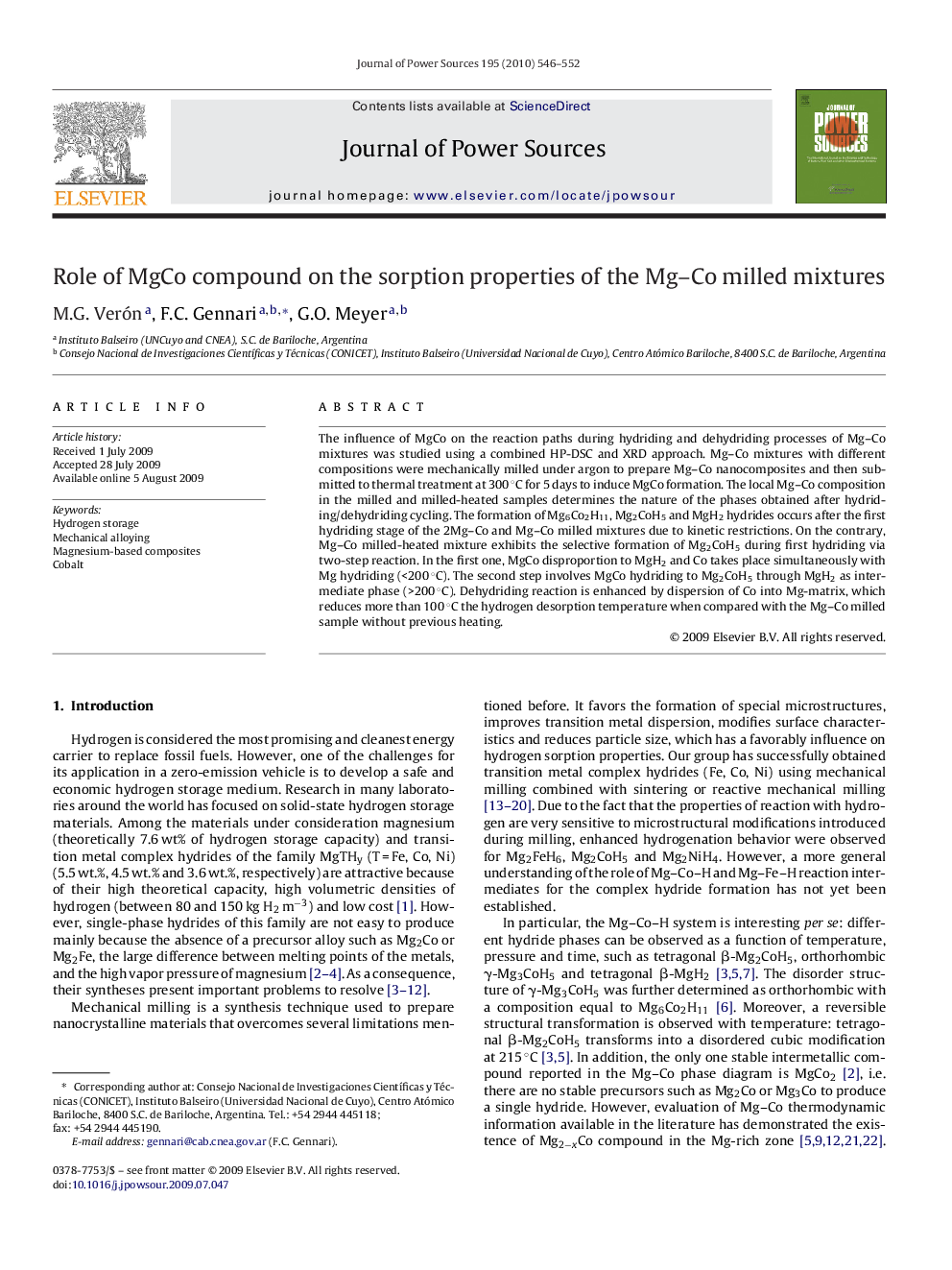 Role of MgCo compound on the sorption properties of the Mg–Co milled mixtures