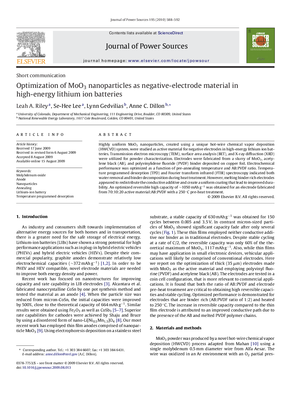 Optimization of MoO3 nanoparticles as negative-electrode material in high-energy lithium ion batteries