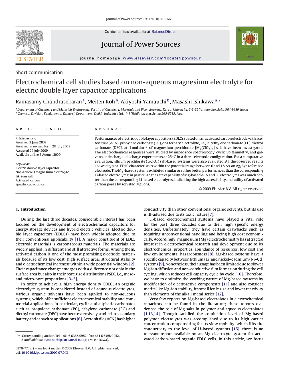 Electrochemical cell studies based on non-aqueous magnesium electrolyte for electric double layer capacitor applications