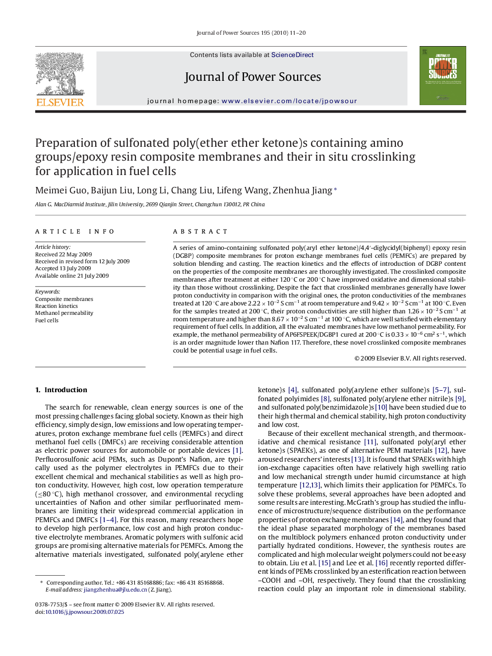 Preparation of sulfonated poly(ether ether ketone)s containing amino groups/epoxy resin composite membranes and their in situ crosslinking for application in fuel cells