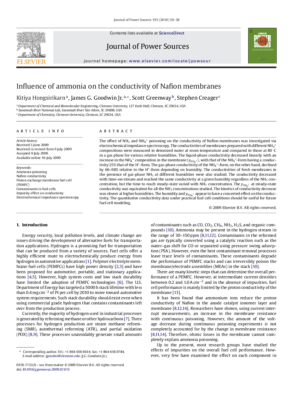 Influence of ammonia on the conductivity of Nafion membranes