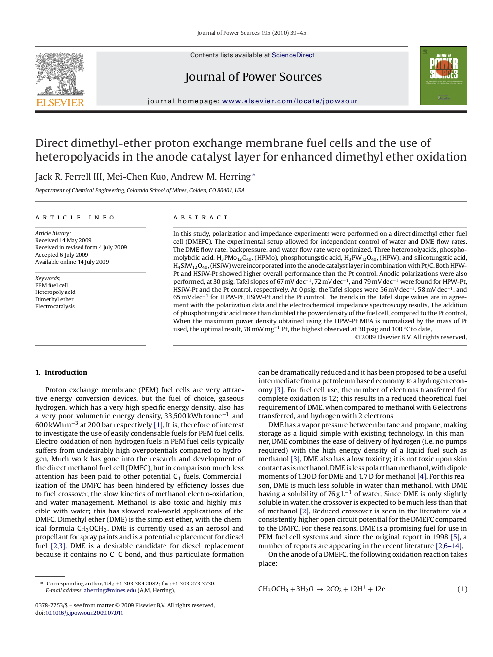 Direct dimethyl-ether proton exchange membrane fuel cells and the use of heteropolyacids in the anode catalyst layer for enhanced dimethyl ether oxidation