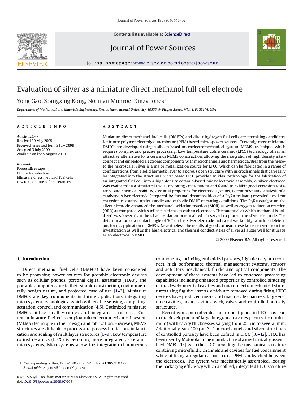 Evaluation of silver as a miniature direct methanol full cell electrode