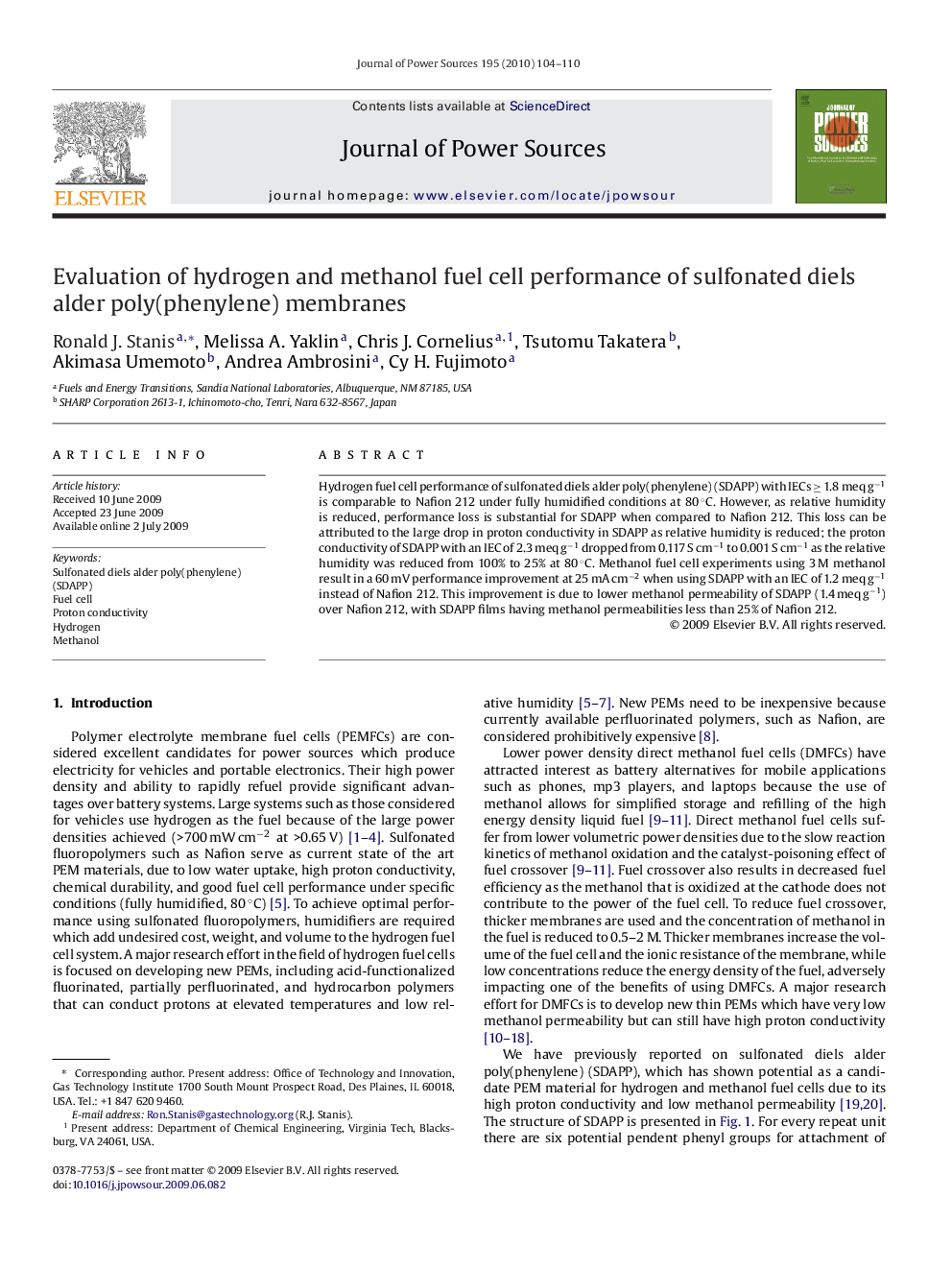 Evaluation of hydrogen and methanol fuel cell performance of sulfonated diels alder poly(phenylene) membranes