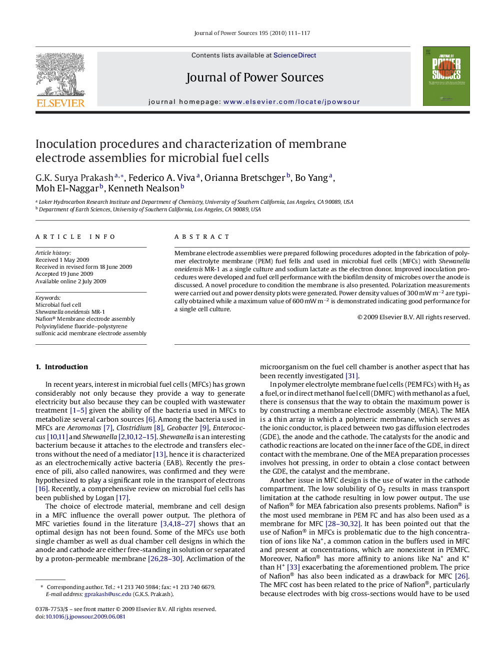 Inoculation procedures and characterization of membrane electrode assemblies for microbial fuel cells