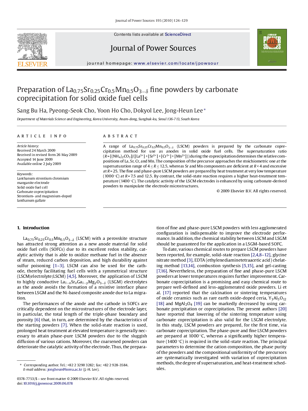 Preparation of La0.75Sr0.25Cr0.5Mn0.5O3−δ fine powders by carbonate coprecipitation for solid oxide fuel cells