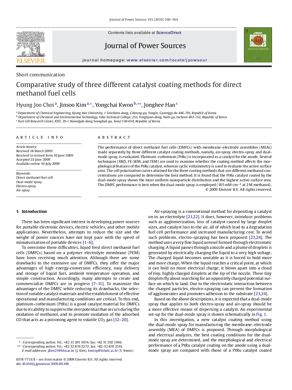 Comparative study of three different catalyst coating methods for direct methanol fuel cells