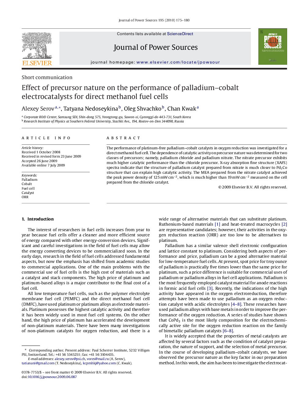 Effect of precursor nature on the performance of palladium–cobalt electrocatalysts for direct methanol fuel cells