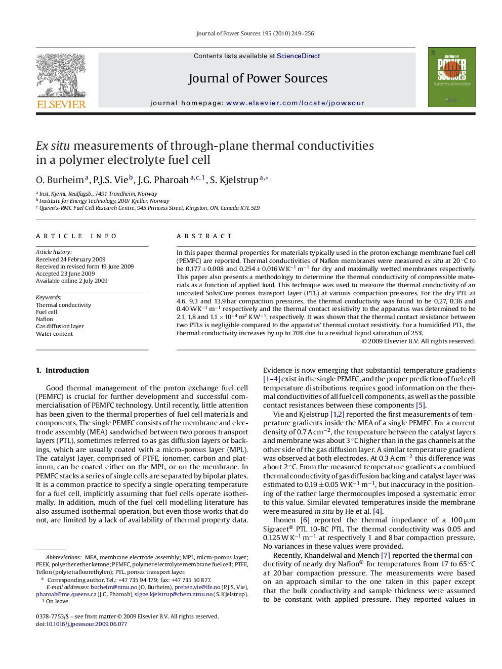 Ex situ measurements of through-plane thermal conductivities in a polymer electrolyte fuel cell