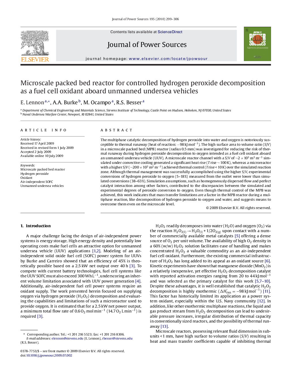 Microscale packed bed reactor for controlled hydrogen peroxide decomposition as a fuel cell oxidant aboard unmanned undersea vehicles