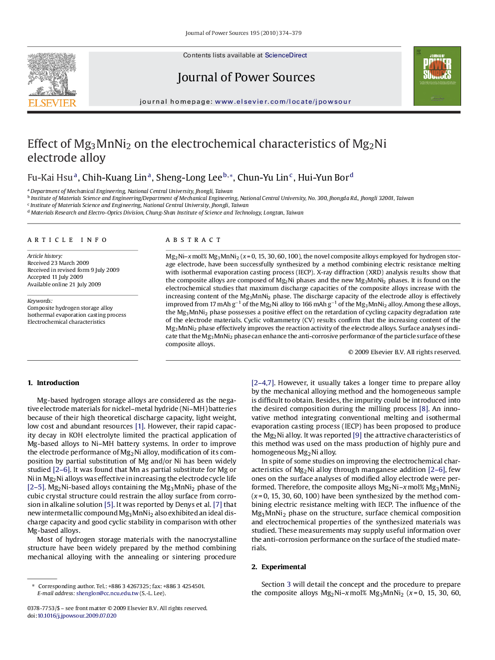 Effect of Mg3MnNi2 on the electrochemical characteristics of Mg2Ni electrode alloy