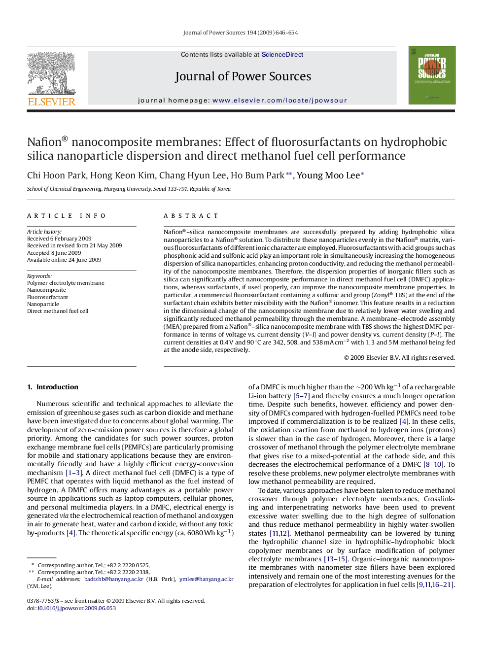 Nafion® nanocomposite membranes: Effect of fluorosurfactants on hydrophobic silica nanoparticle dispersion and direct methanol fuel cell performance