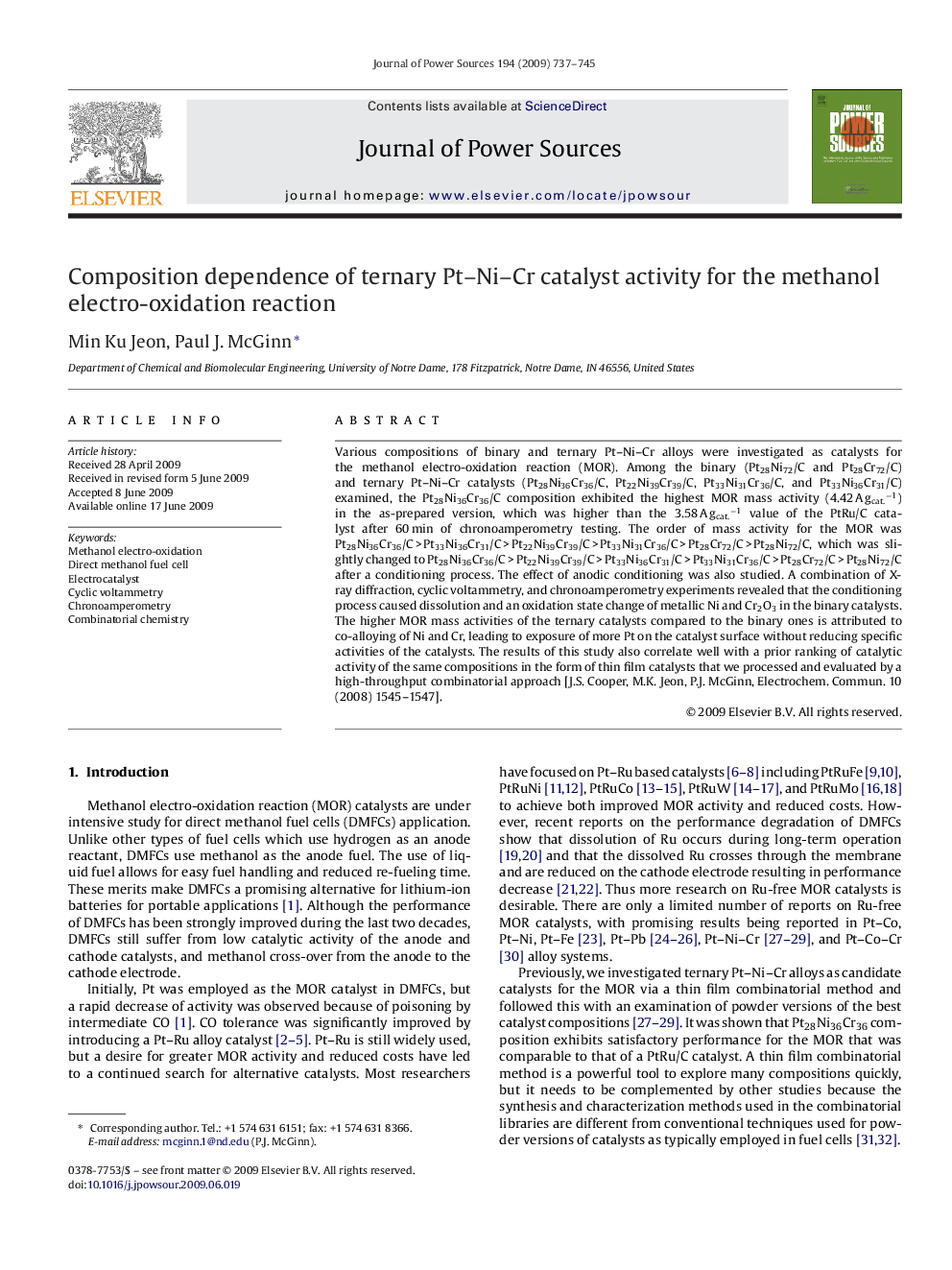 Composition dependence of ternary Pt–Ni–Cr catalyst activity for the methanol electro-oxidation reaction