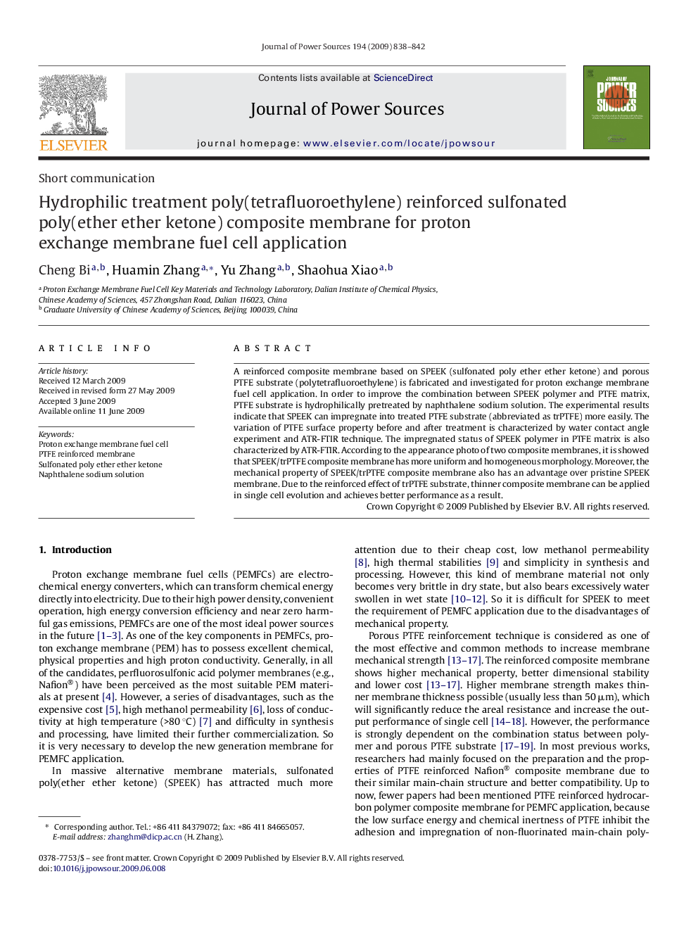 Hydrophilic treatment poly(tetrafluoroethylene) reinforced sulfonated poly(ether ether ketone) composite membrane for proton exchange membrane fuel cell application