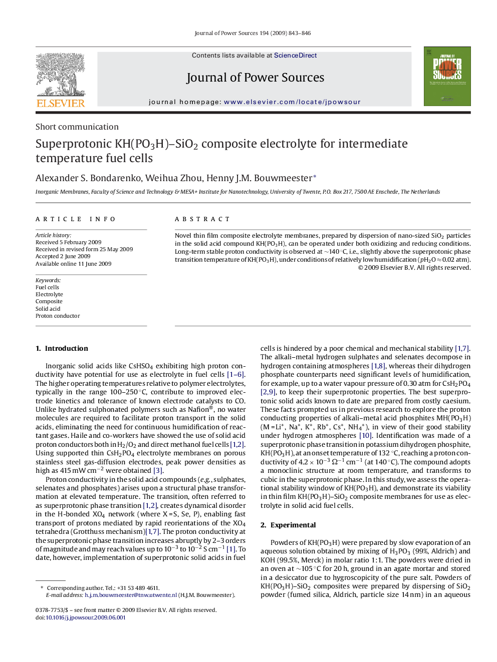 Superprotonic KH(PO3H)–SiO2 composite electrolyte for intermediate temperature fuel cells