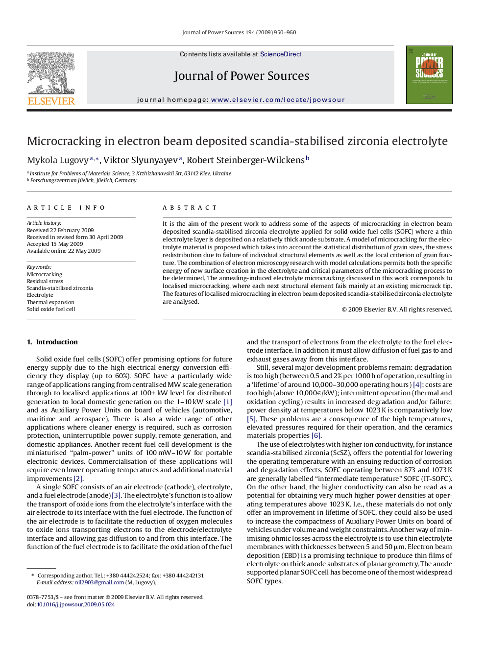 Microcracking in electron beam deposited scandia-stabilised zirconia electrolyte