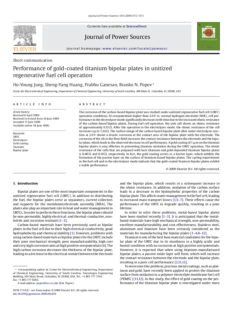 Performance of gold-coated titanium bipolar plates in unitized regenerative fuel cell operation