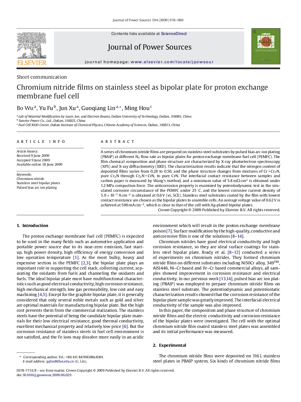 Chromium nitride films on stainless steel as bipolar plate for proton exchange membrane fuel cell