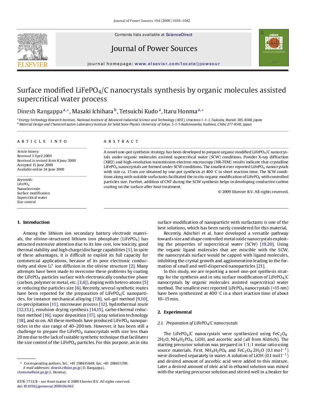 Surface modified LiFePO4/C nanocrystals synthesis by organic molecules assisted supercritical water process