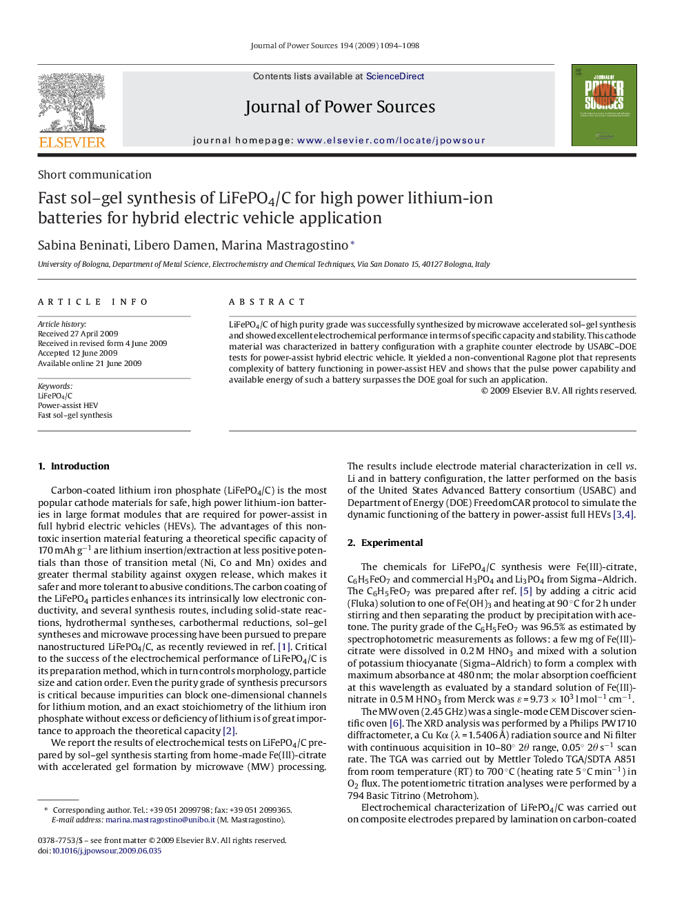 Fast sol–gel synthesis of LiFePO4/C for high power lithium-ion batteries for hybrid electric vehicle application