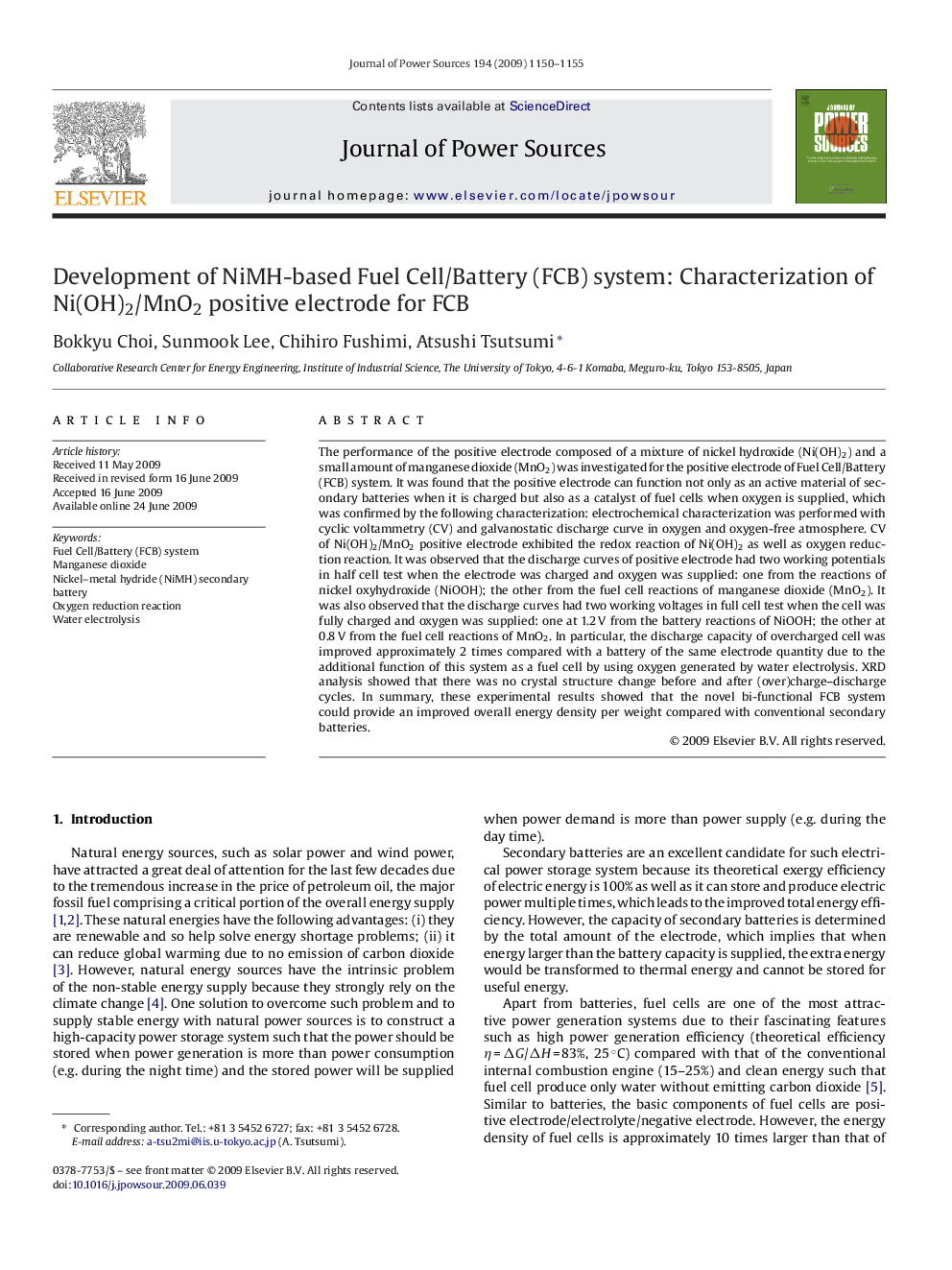 Development of NiMH-based Fuel Cell/Battery (FCB) system: Characterization of Ni(OH)2/MnO2 positive electrode for FCB