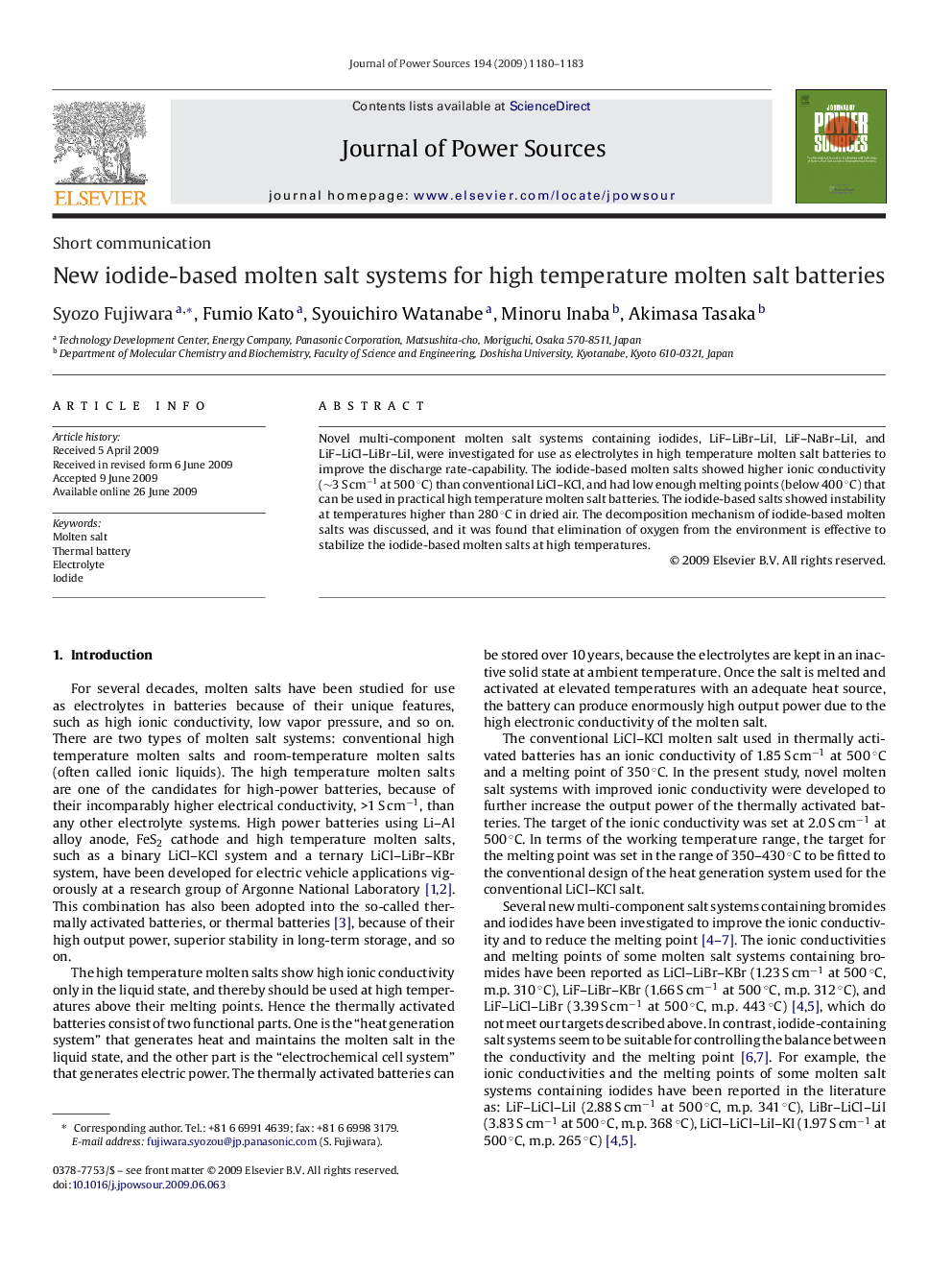 New iodide-based molten salt systems for high temperature molten salt batteries