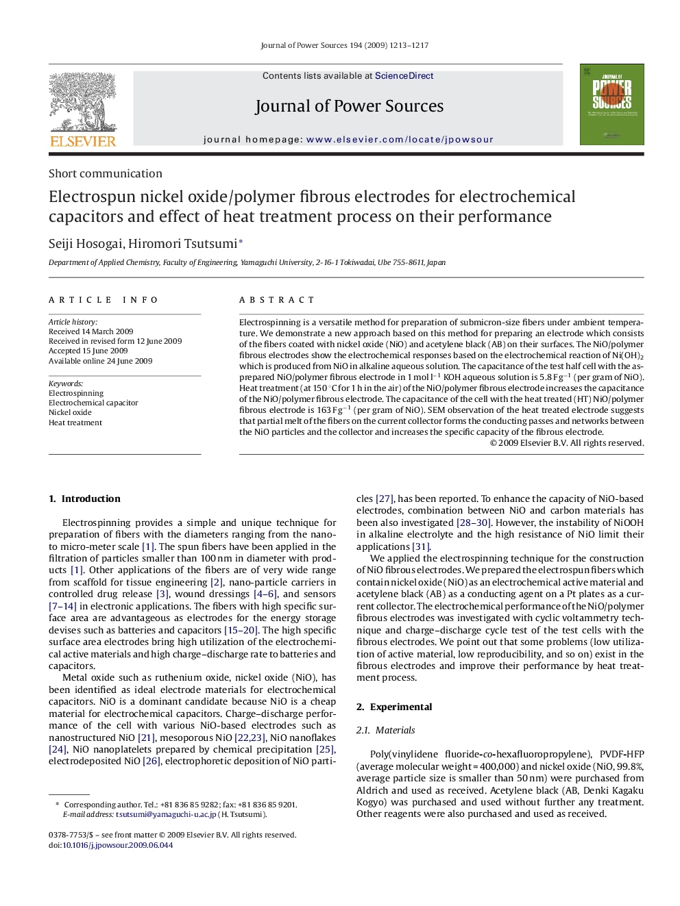 Electrospun nickel oxide/polymer fibrous electrodes for electrochemical capacitors and effect of heat treatment process on their performance