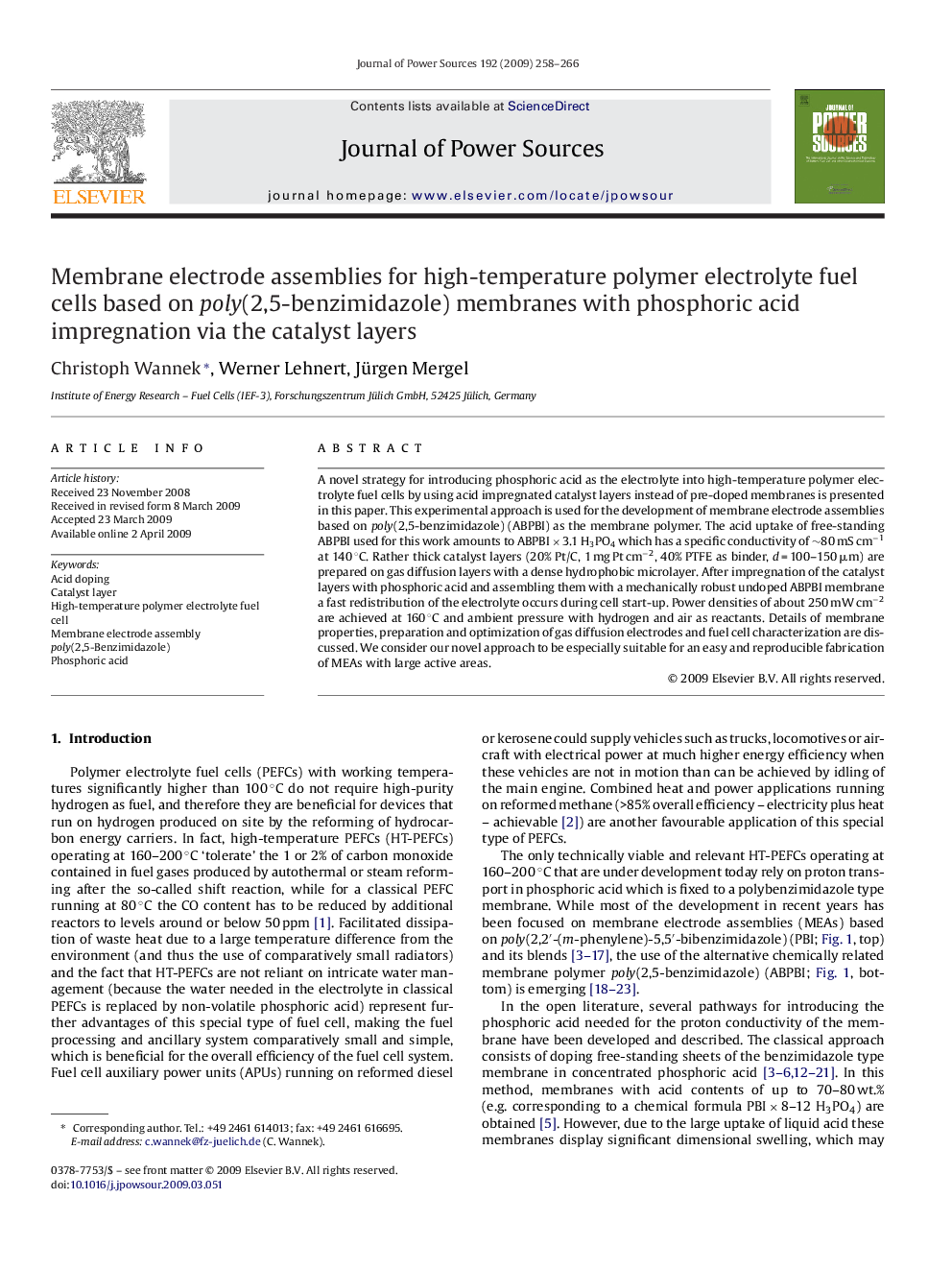 Membrane electrode assemblies for high-temperature polymer electrolyte fuel cells based on poly(2,5-benzimidazole) membranes with phosphoric acid impregnation via the catalyst layers