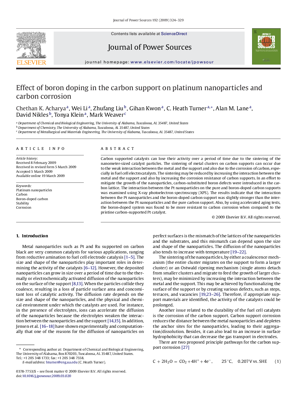 Effect of boron doping in the carbon support on platinum nanoparticles and carbon corrosion