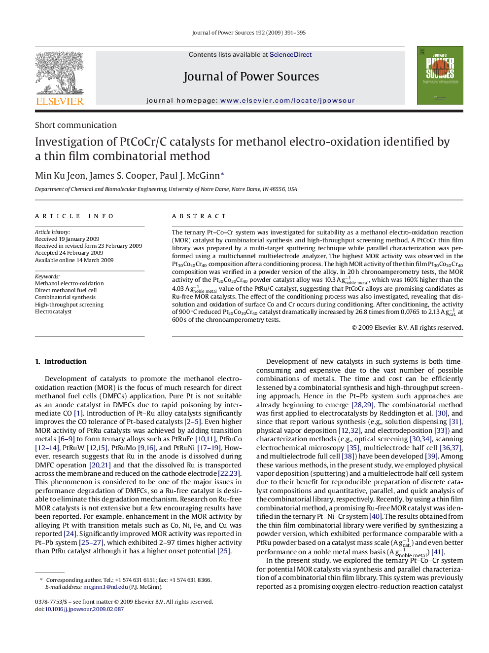 Investigation of PtCoCr/C catalysts for methanol electro-oxidation identified by a thin film combinatorial method