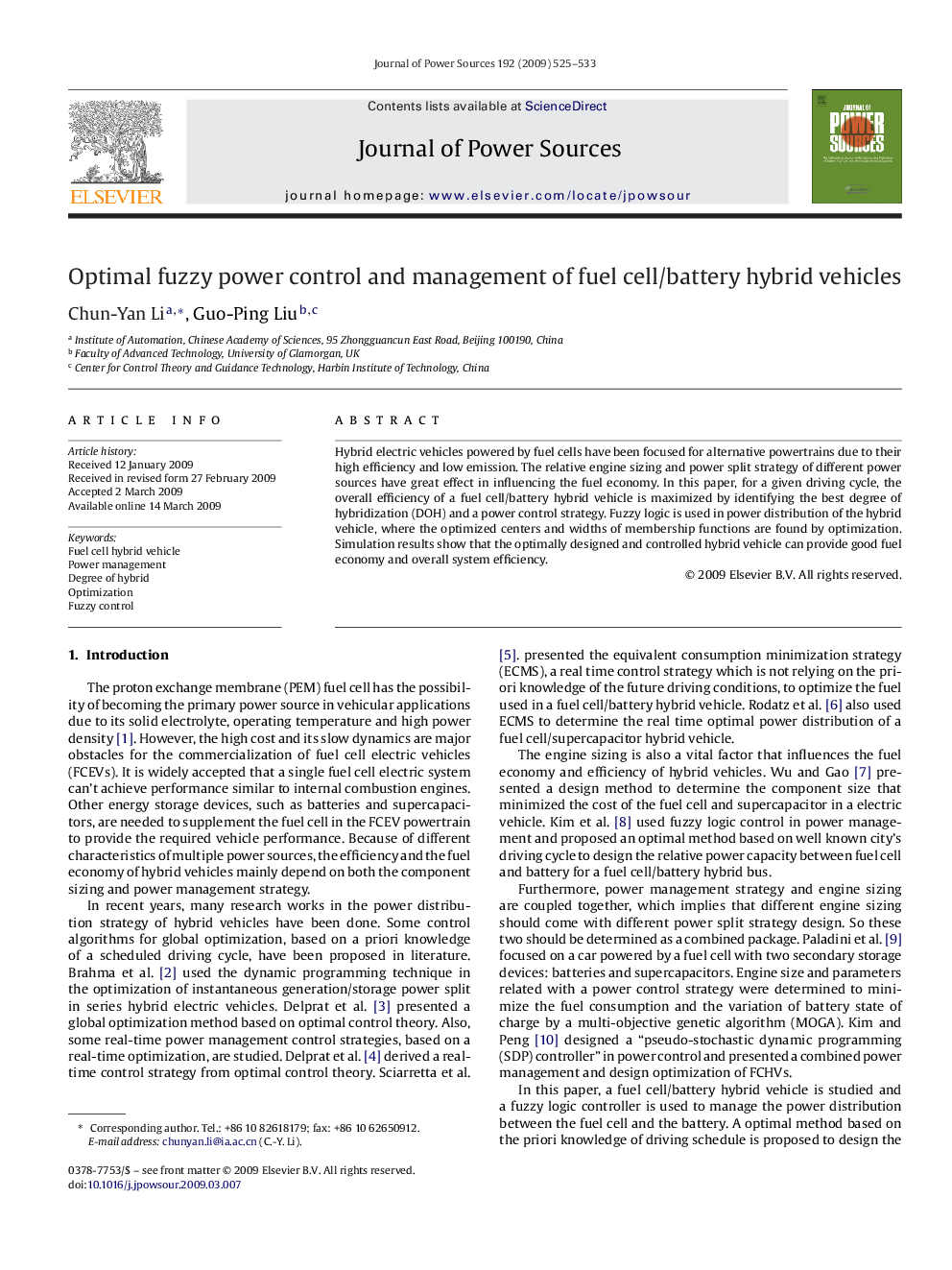 Optimal fuzzy power control and management of fuel cell/battery hybrid vehicles