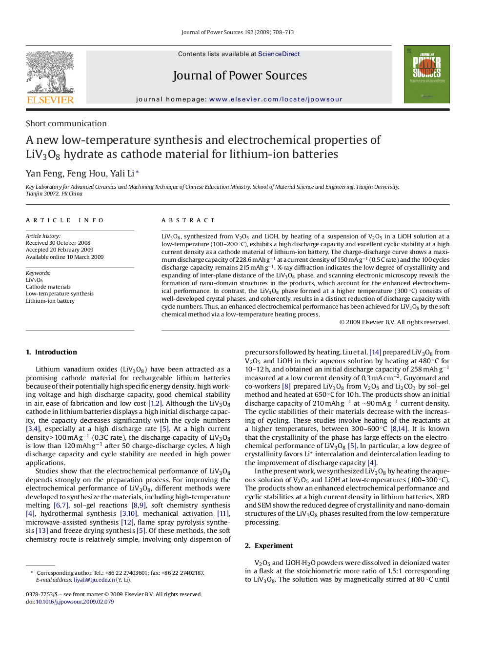 A new low-temperature synthesis and electrochemical properties of LiV3O8 hydrate as cathode material for lithium-ion batteries