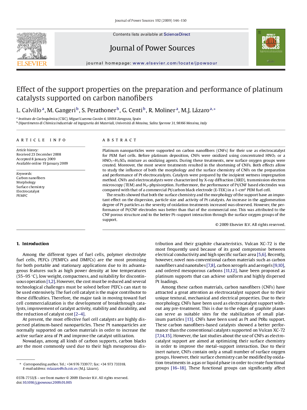 Effect of the support properties on the preparation and performance of platinum catalysts supported on carbon nanofibers