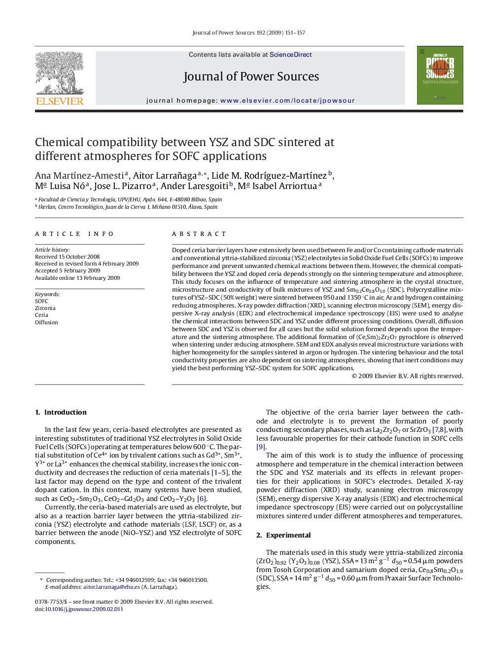 Chemical compatibility between YSZ and SDC sintered at different atmospheres for SOFC applications