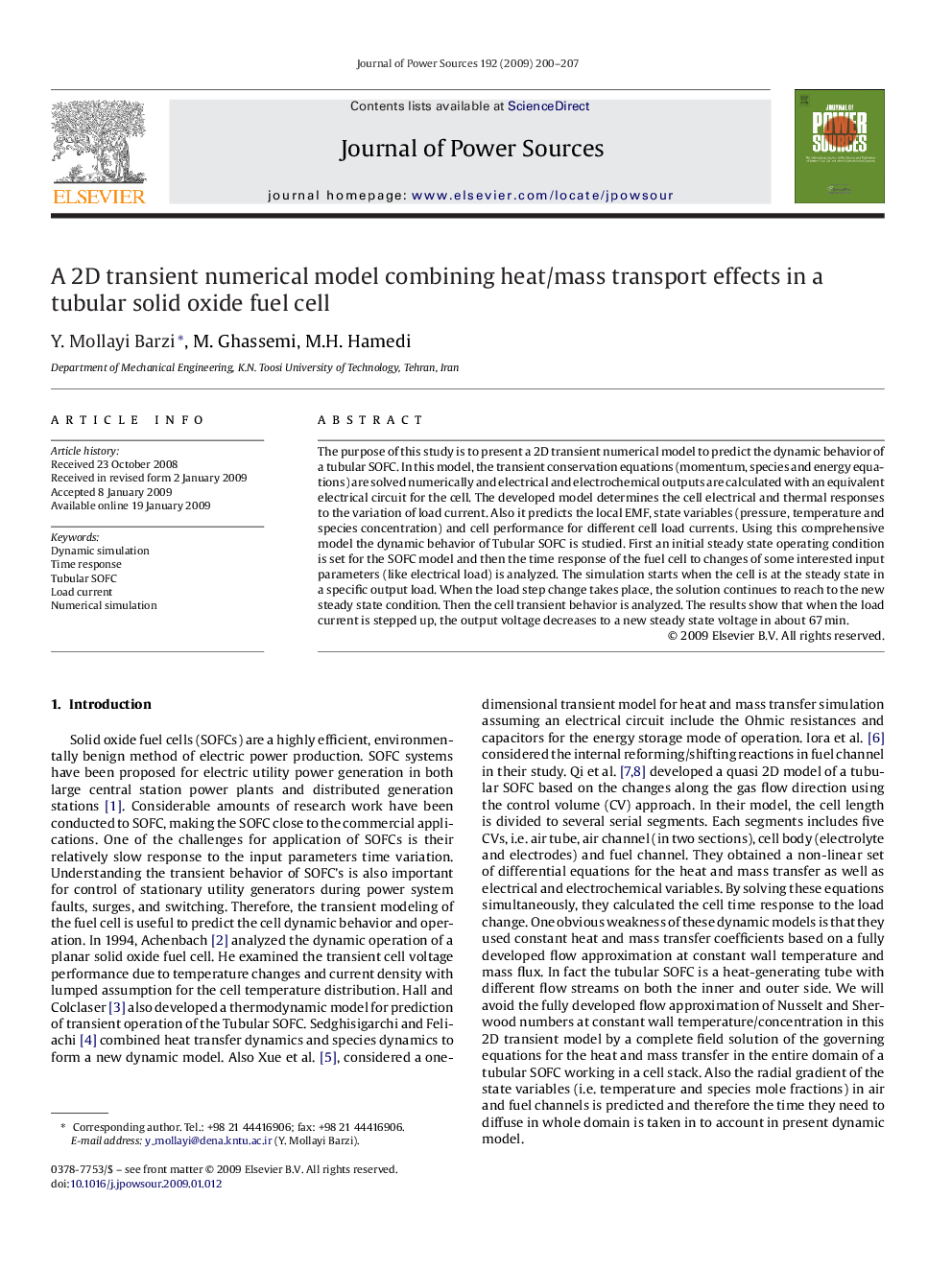 A 2D transient numerical model combining heat/mass transport effects in a tubular solid oxide fuel cell