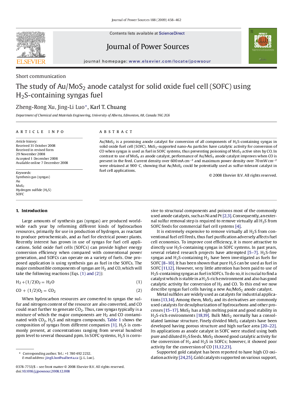 The study of Au/MoS2 anode catalyst for solid oxide fuel cell (SOFC) using H2S-containing syngas fuel