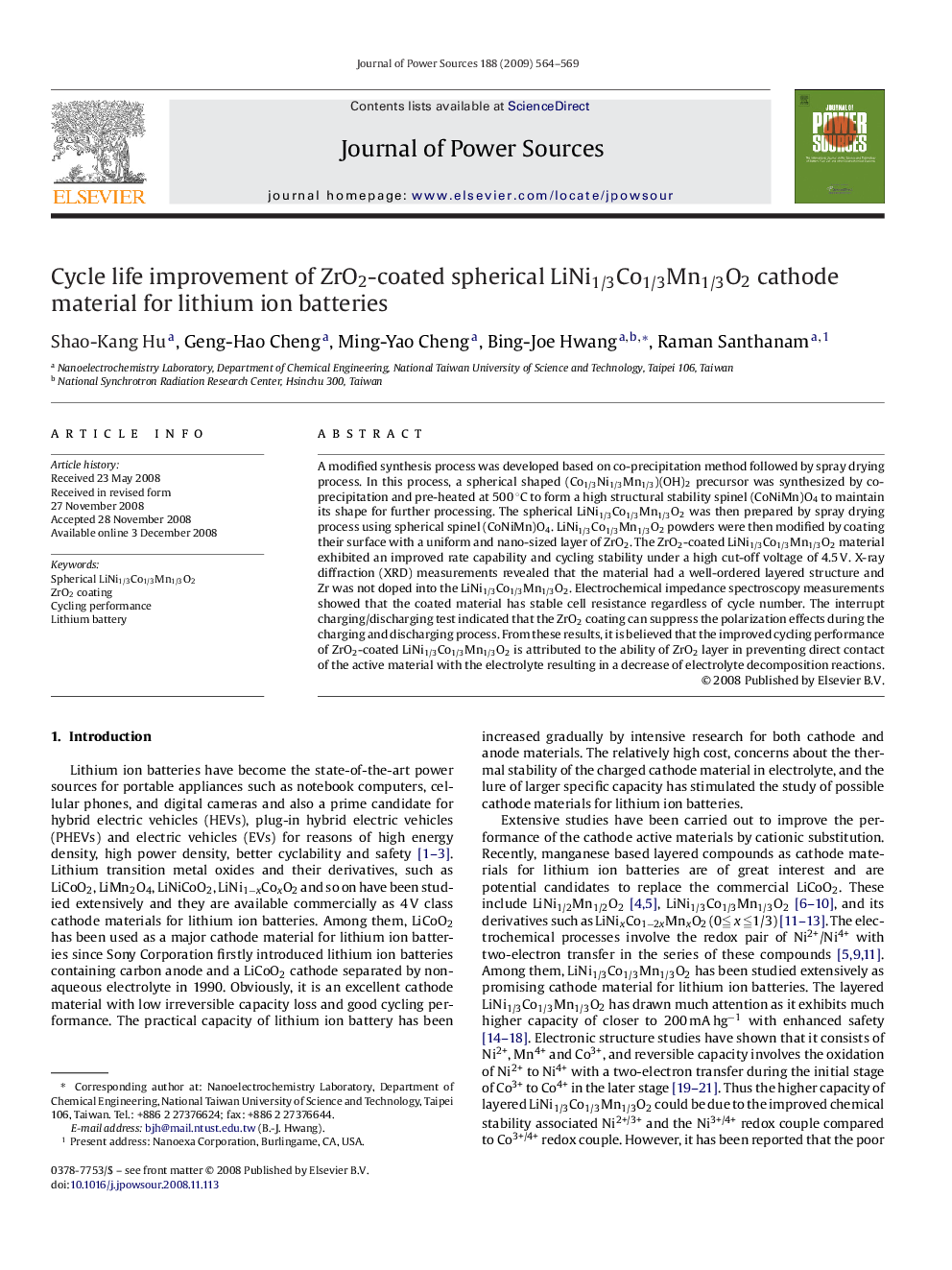 Cycle life improvement of ZrO2-coated spherical LiNi1/3Co1/3Mn1/3O2 cathode material for lithium ion batteries