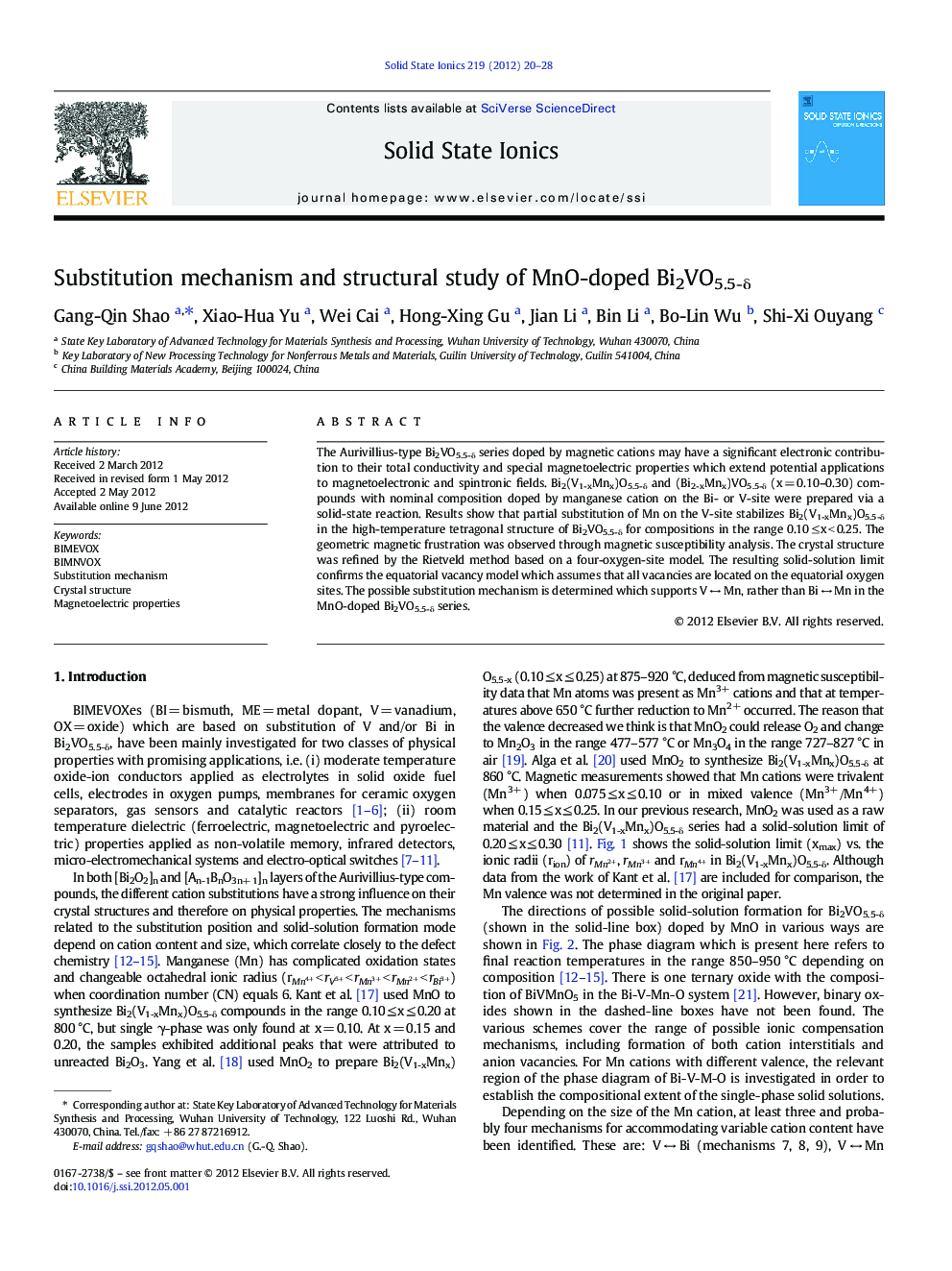 Substitution mechanism and structural study of MnO-doped Bi2VO5.5-δ