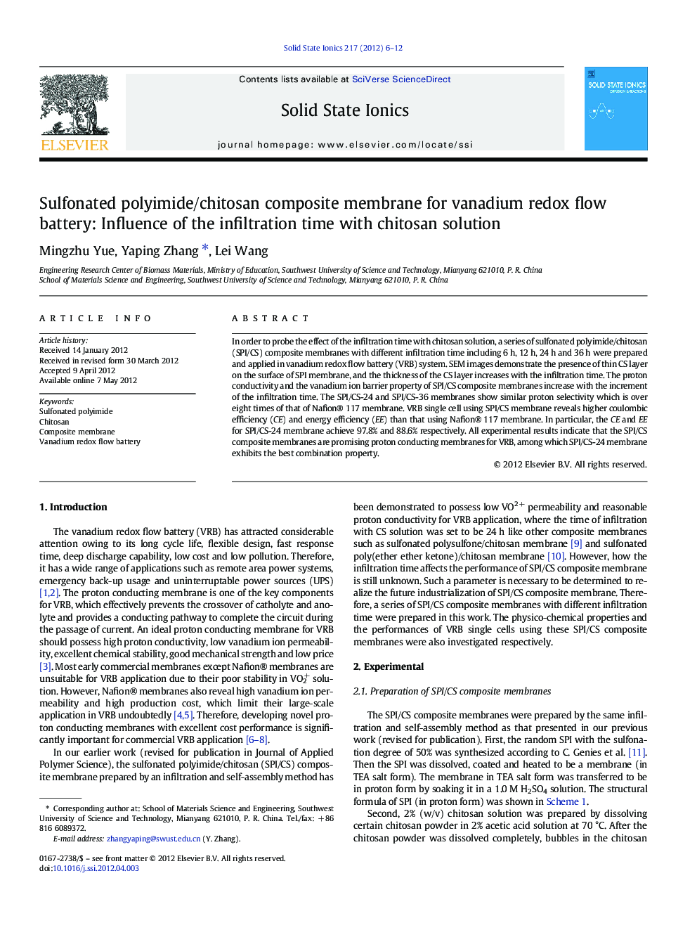 Sulfonated polyimide/chitosan composite membrane for vanadium redox flow battery: Influence of the infiltration time with chitosan solution