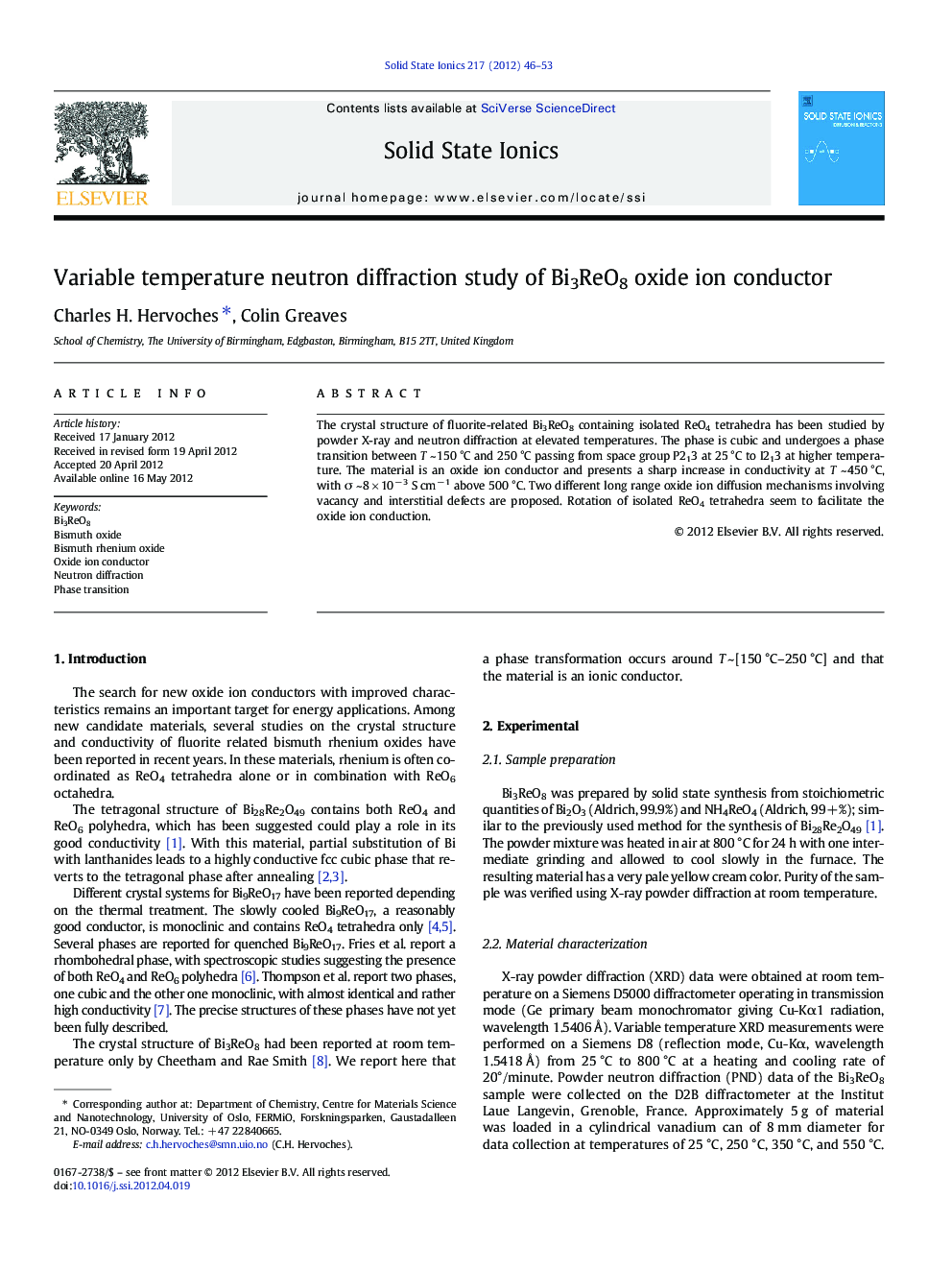 Variable temperature neutron diffraction study of Bi3ReO8 oxide ion conductor