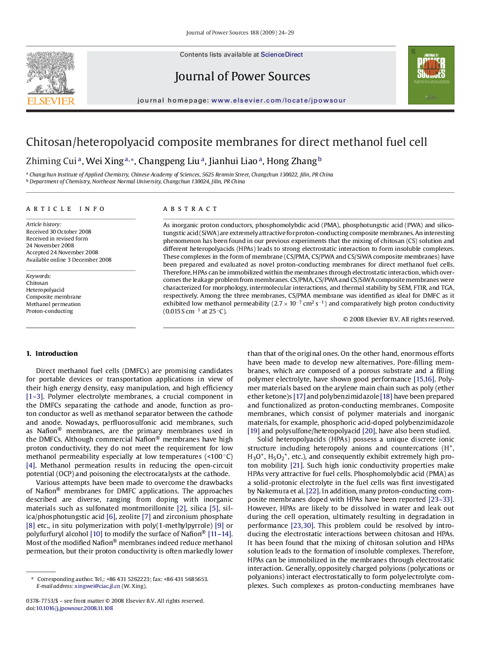 Chitosan/heteropolyacid composite membranes for direct methanol fuel cell