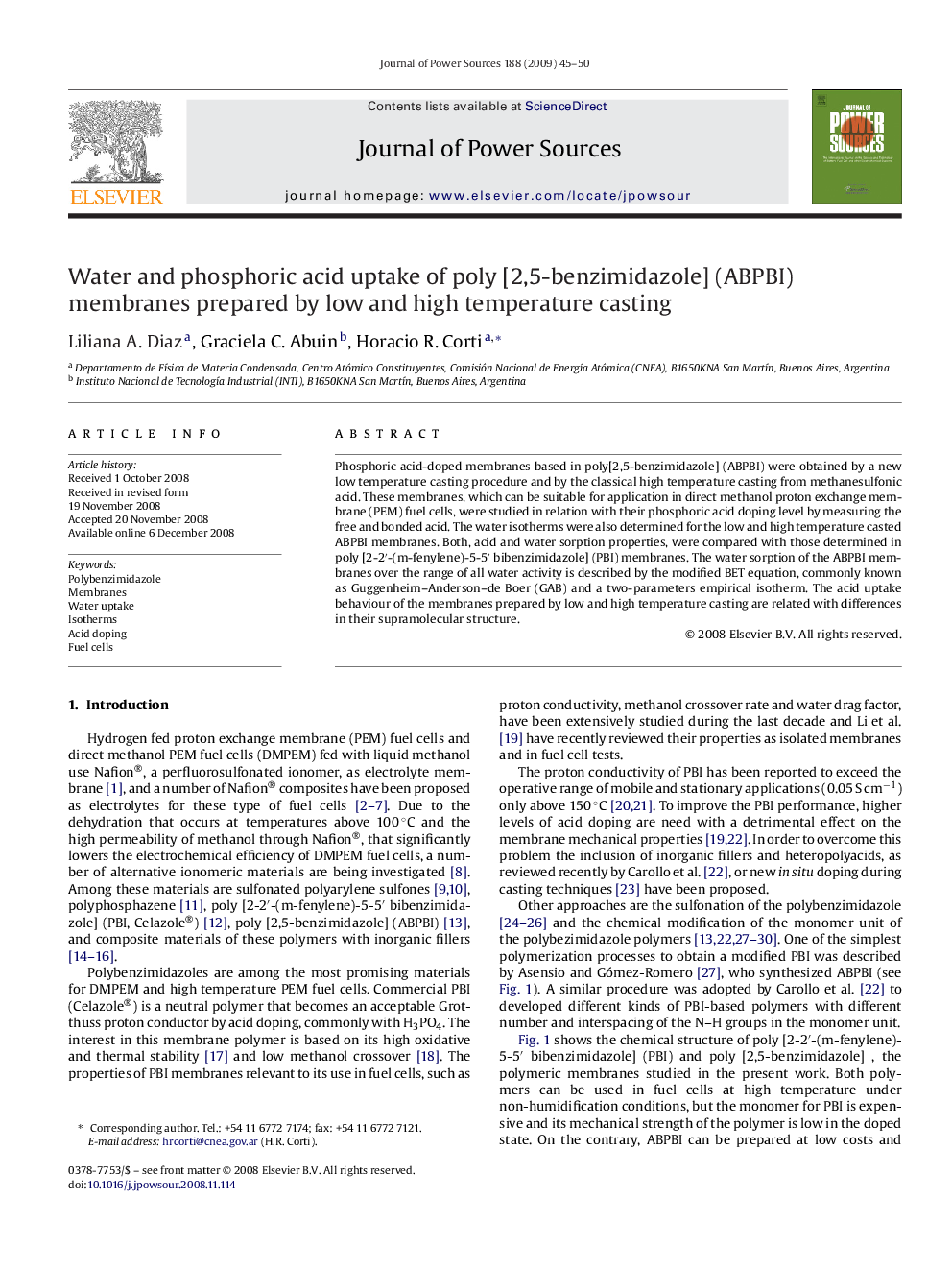 Water and phosphoric acid uptake of poly [2,5-benzimidazole] (ABPBI) membranes prepared by low and high temperature casting