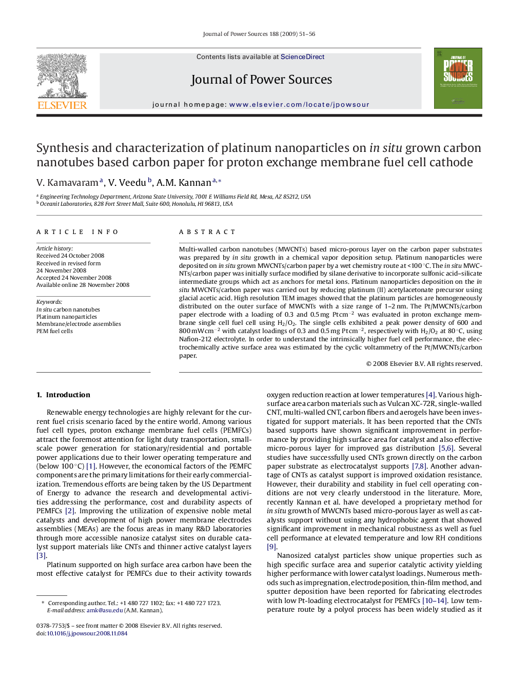 Synthesis and characterization of platinum nanoparticles on in situ grown carbon nanotubes based carbon paper for proton exchange membrane fuel cell cathode