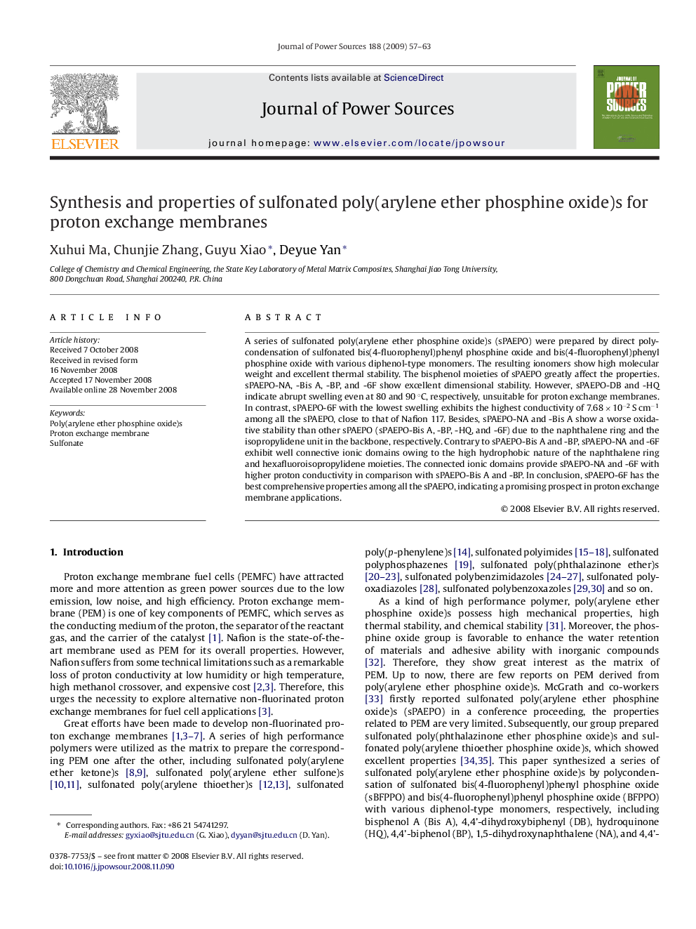 Synthesis and properties of sulfonated poly(arylene ether phosphine oxide)s for proton exchange membranes