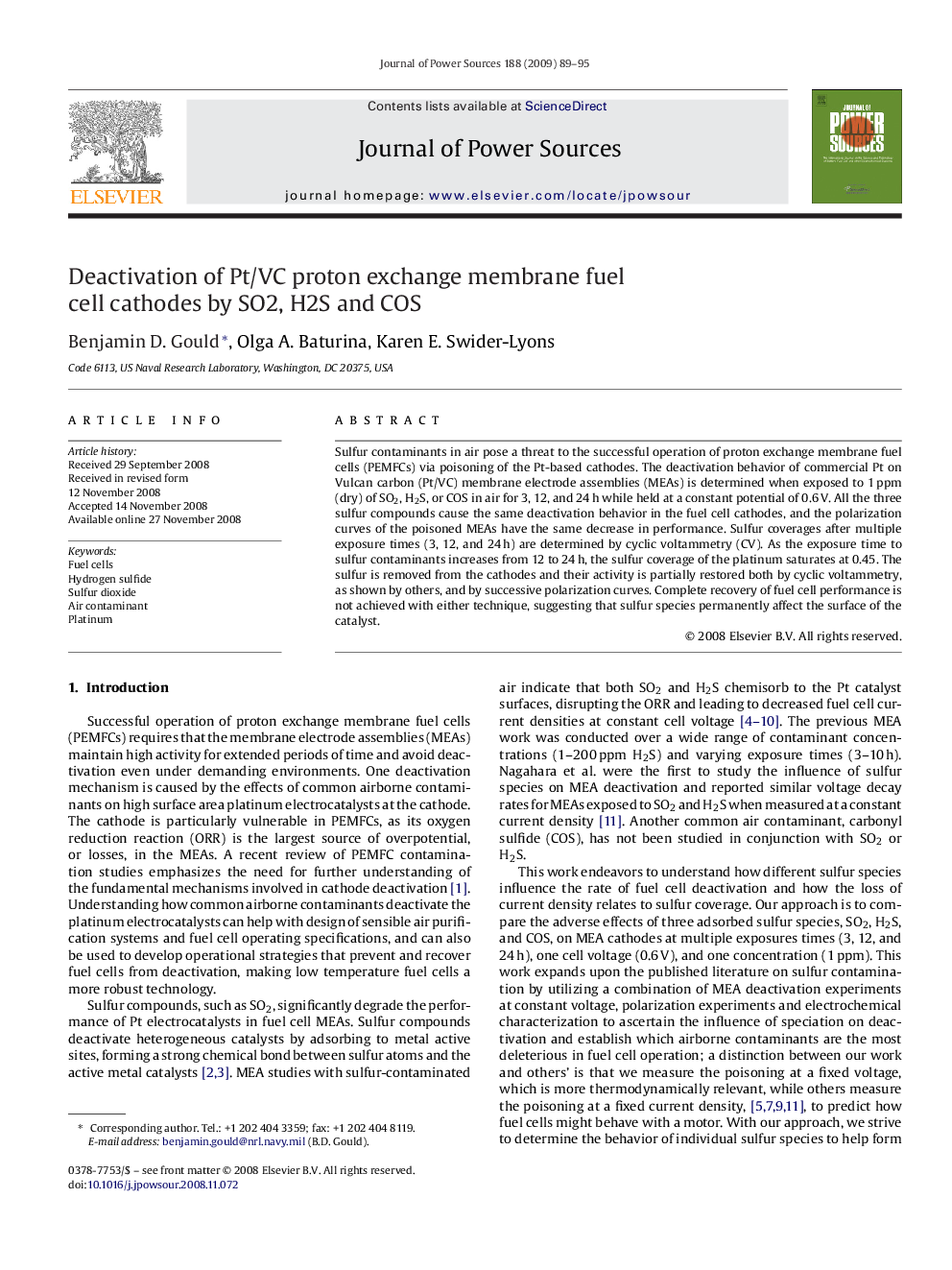 Deactivation of Pt/VC proton exchange membrane fuel cell cathodes by SO2, H2S and COS